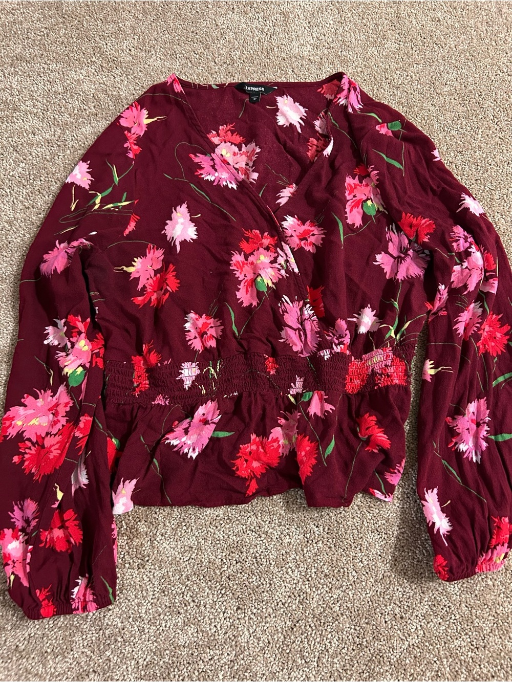 Express Burgundy Floral Wrap Top with Pink & Red Blooms Size M